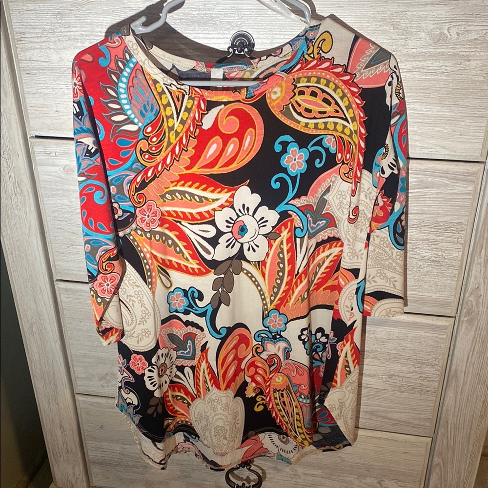 Pink and Orange Graphic Blouse with Short Sleeves
